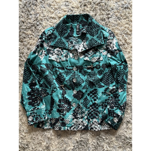 berek Jackets & Blazers - Berek Jacket Sz L Blue White Black Crystal Like Buttons Art To Wear Abstract